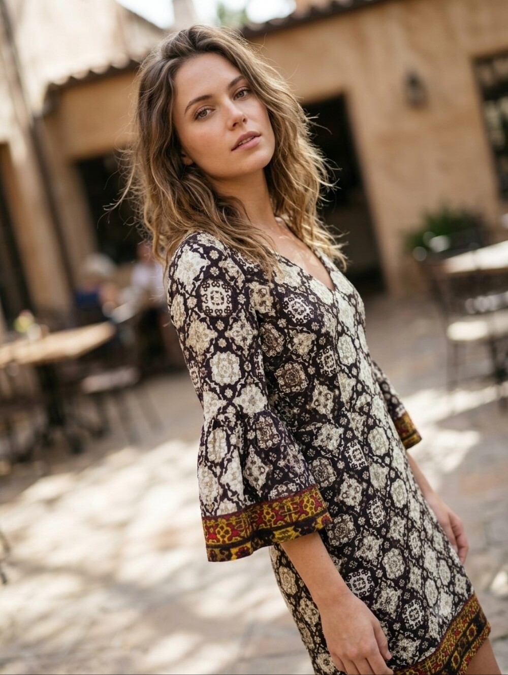 London Times Boho Geo Print Bell Sleeve V-Neck Shift Dress Poet Sleeve